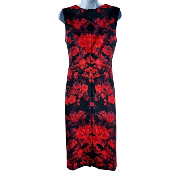 NWT Tahari XS Red Elegant Floral Sheath Dress Black Cocktail Sleeveless Stretch - Picture 5 of 10